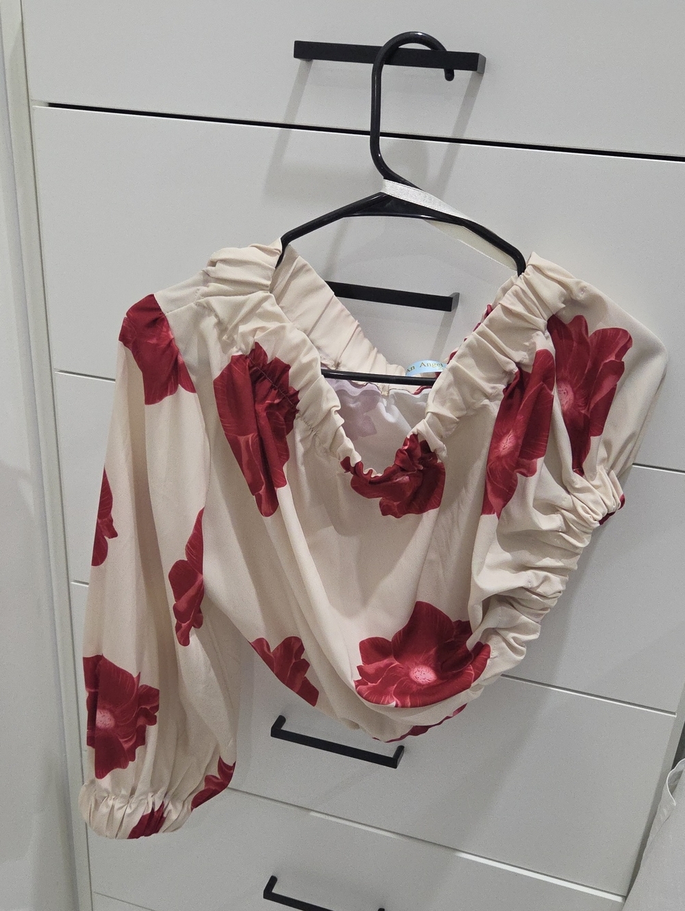 Women’s Cream Floral Puff-Sleeve Top with Red Blooms